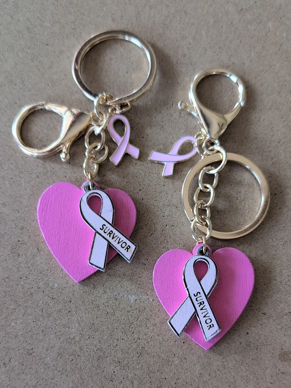 Pink Survivor Ribbon Heart Keychain Bag Charm Set Breast Cancer Awareness Month